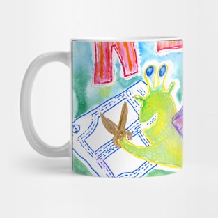 Snail tailor/seamstress sewing new cloths children illustration Mug